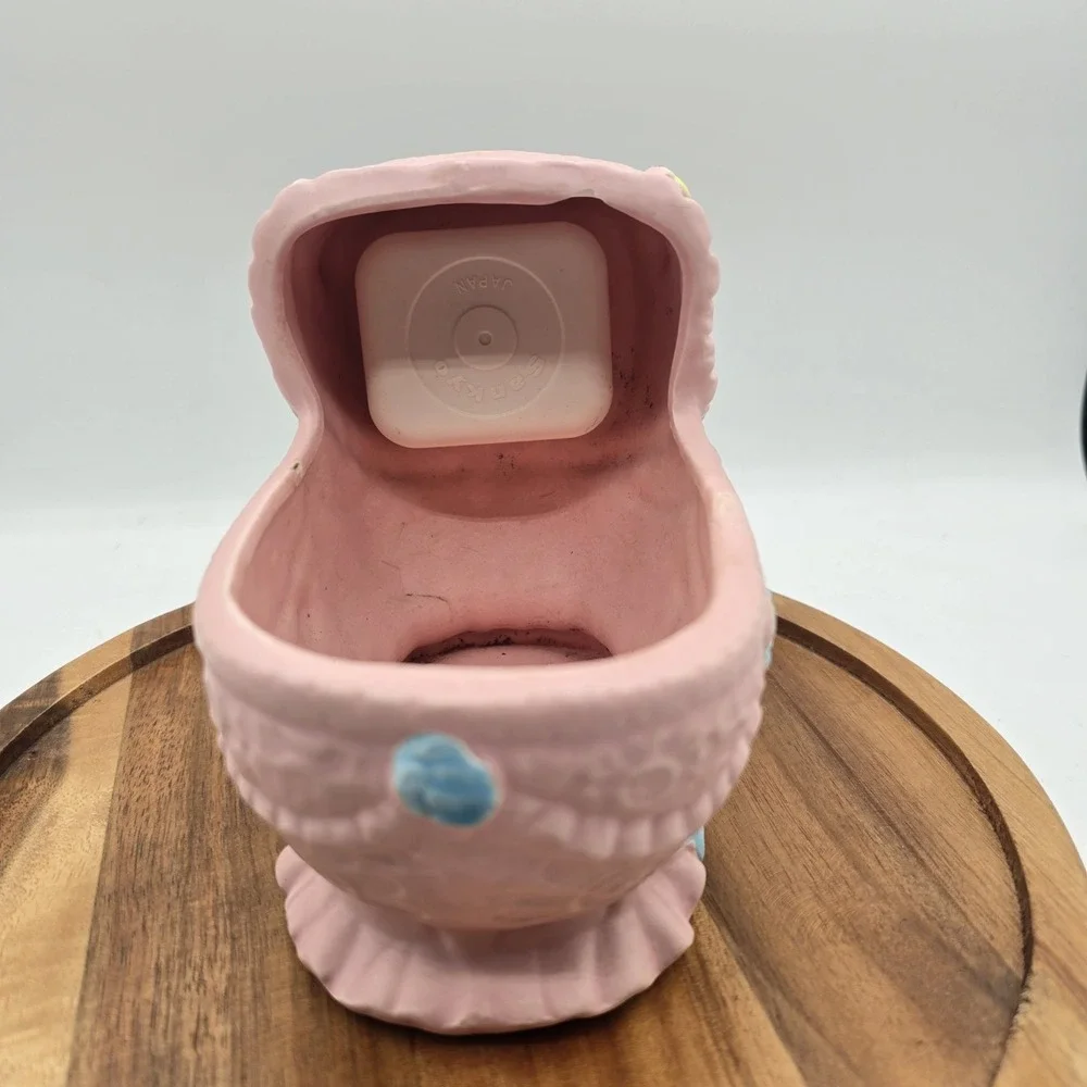 VTG Baby Bassinet Planter Sankyo ROCKABYE BABY Music Box WORKS Pink Japan